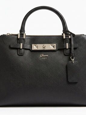 Guess Black Structured Saffiano Tote with Silver Hardware